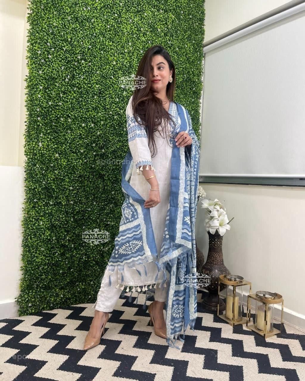 Ethnic Heavy Cotton Katha Work  and Embroidery Cotton 3-Pc. Suit Set with V Neck.