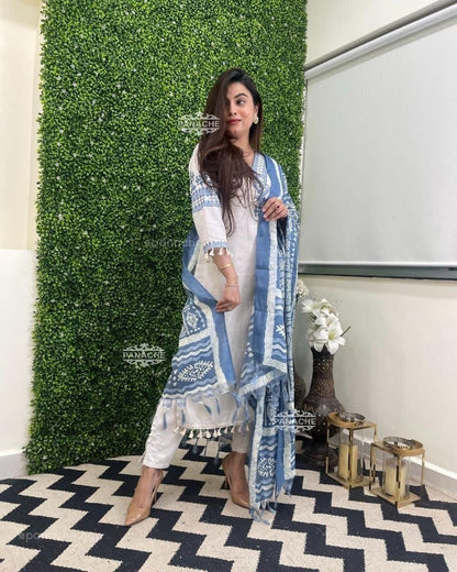 Ethnic Heavy Cotton Katha Work  and Embroidery Cotton 3-Pc. Suit Set with V Neck.