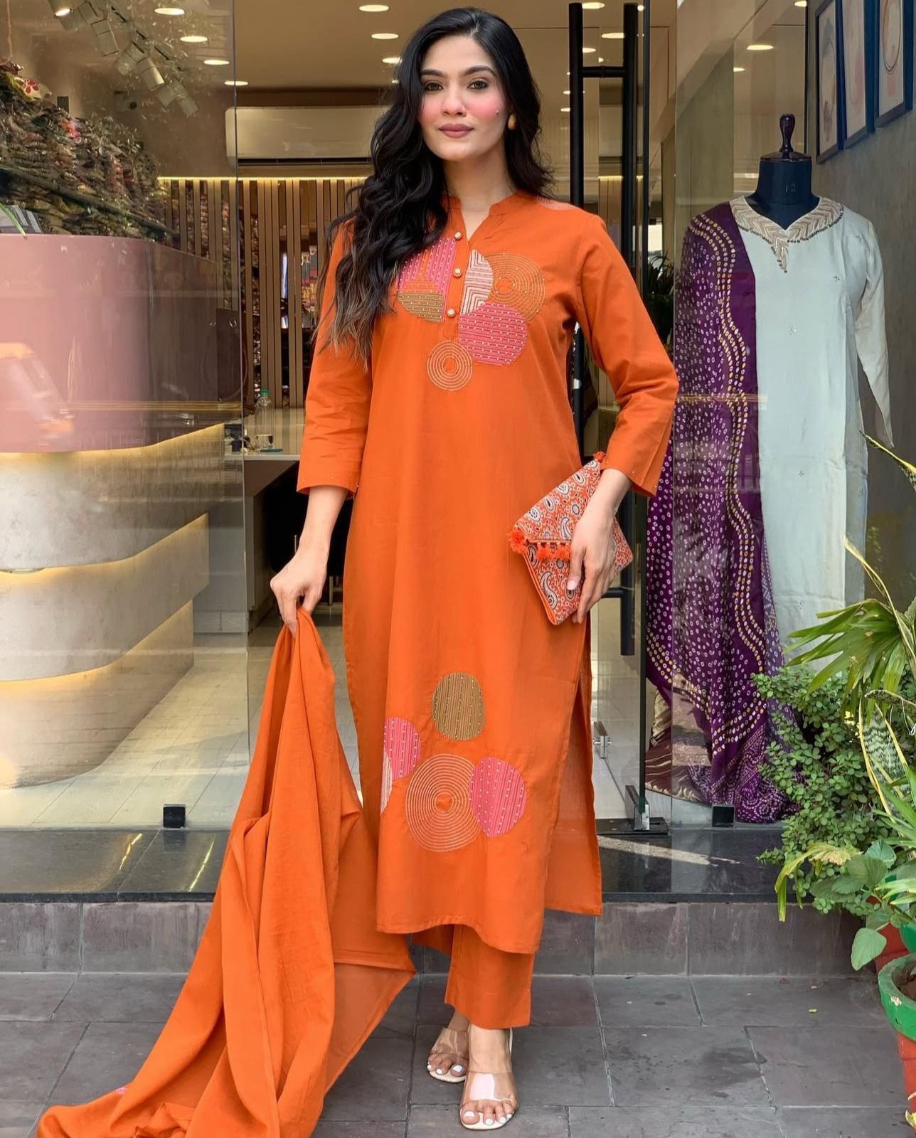 Designer Embroidery work with sequencing Hand Work on Kurti Neck with Pant