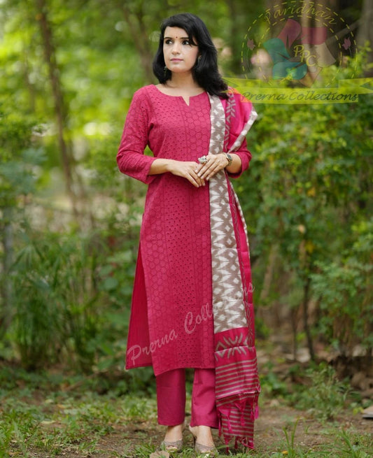 Classic Schiffli Kurti with Handloom Khadi Dupatta