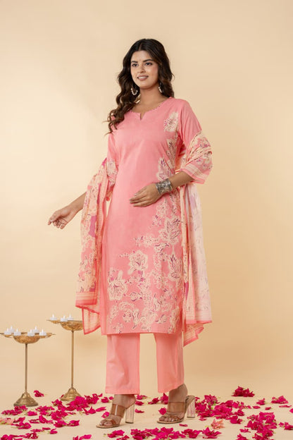 Cotton Mul Suit Set, Digital Floral Print, Intricate Handwork, Full Lining, Lightweight