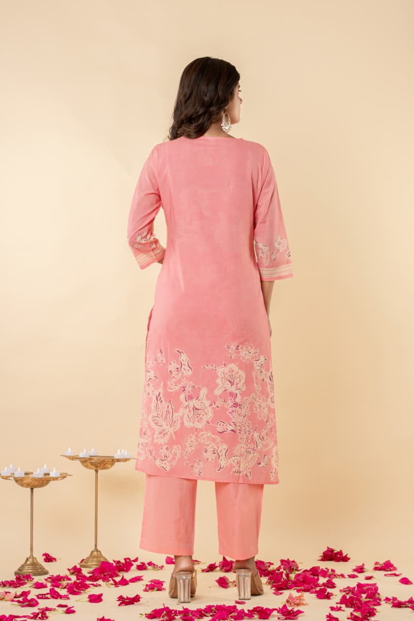 Cotton Mul Suit Set, Digital Floral Print, Intricate Handwork, Full Lining, Lightweight