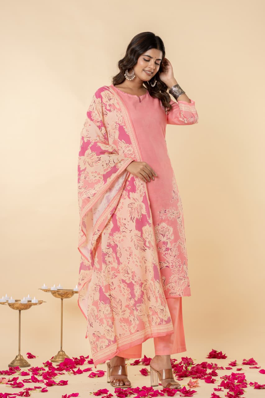 Cotton Mul Suit Set, Digital Floral Print, Intricate Handwork, Full Lining, Lightweight