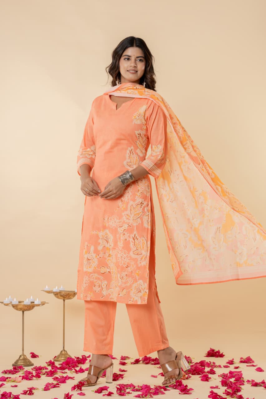 Mul Cotton Fabric, Digital Floral Print, Intricate Handwork, Full Lining, Lightweight and Breathable Fabric.