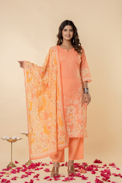 Mul Cotton Fabric, Digital Floral Print, Intricate Handwork, Full Lining, Lightweight and Breathable Fabric.