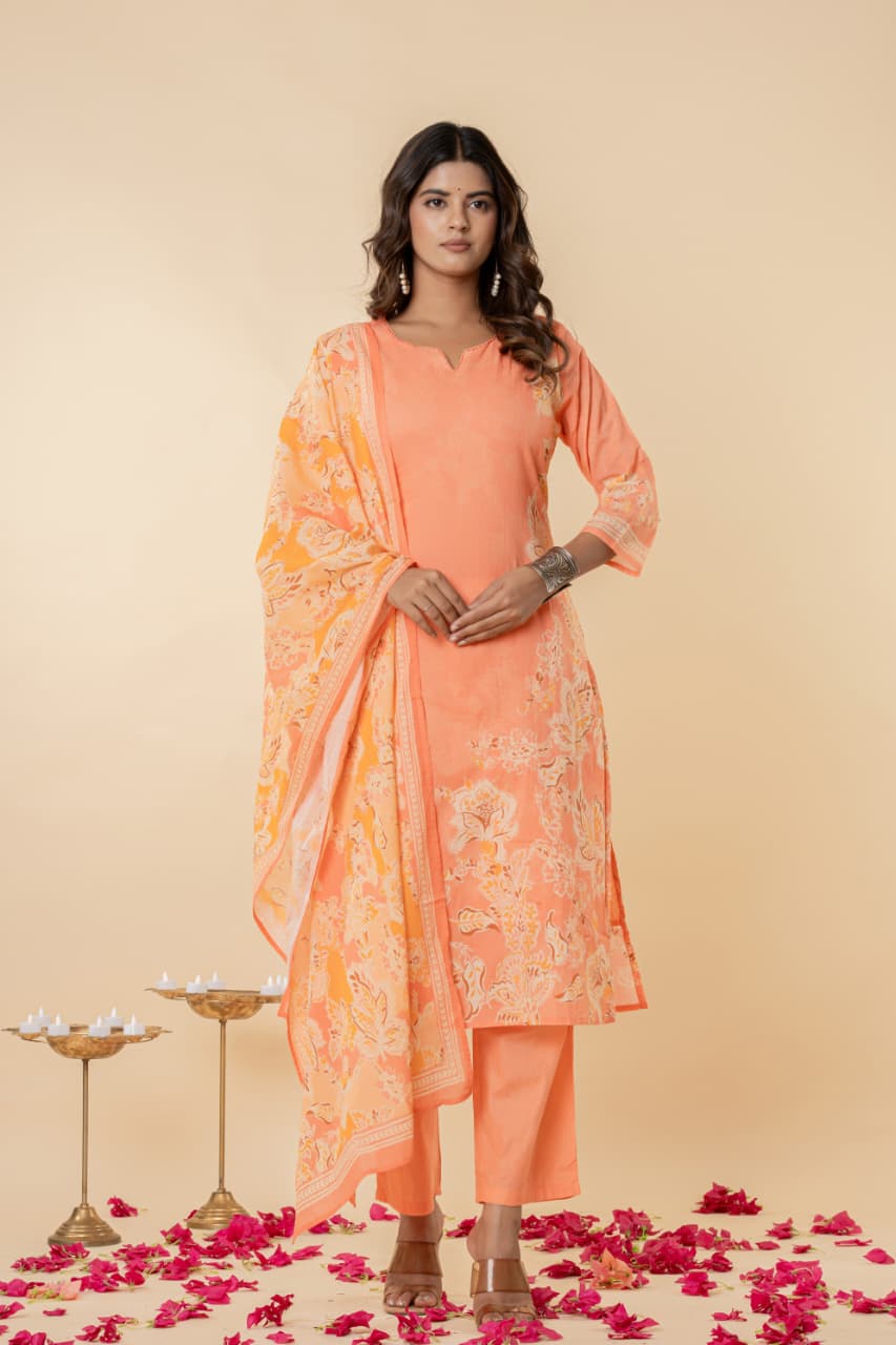 Mul Cotton Fabric, Digital Floral Print, Intricate Handwork, Full Lining, Lightweight and Breathable Fabric.