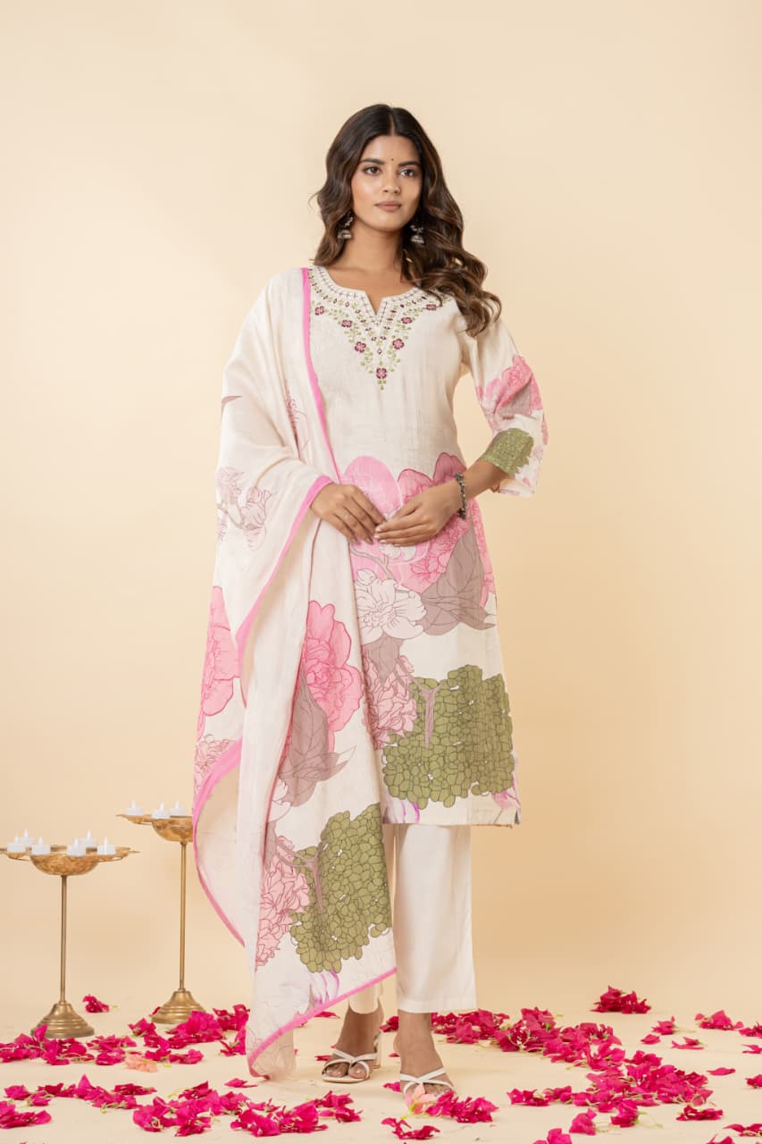 Pure Perli Silk Fabric Kurti Pant Dupatta Sets Embroidery work Digital Print.