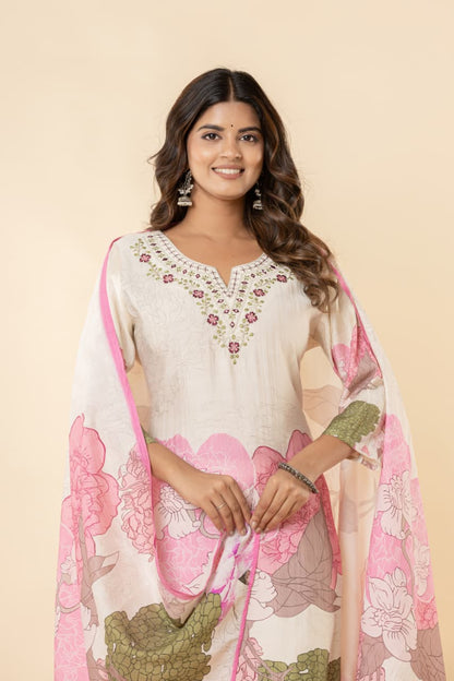 Pure Perli Silk Fabric Kurti Pant Dupatta Sets Embroidery work Digital Print.