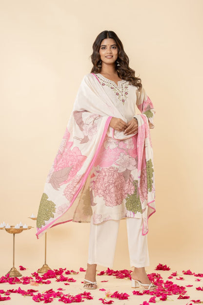 Pure Perli Silk Fabric Kurti Pant Dupatta Sets Embroidery work Digital Print.