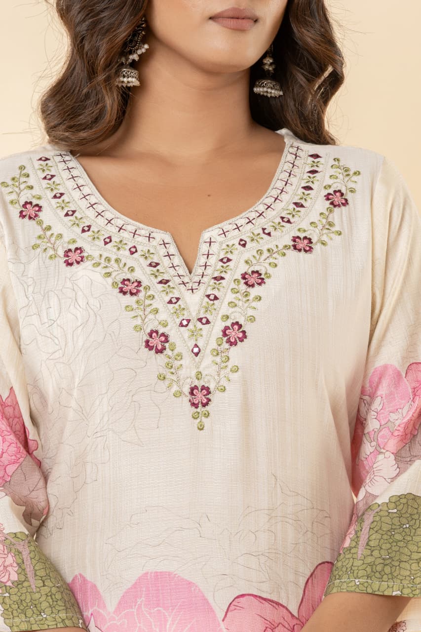 Pure Perli Silk Fabric Kurti Pant Dupatta Sets Embroidery work Digital Print.