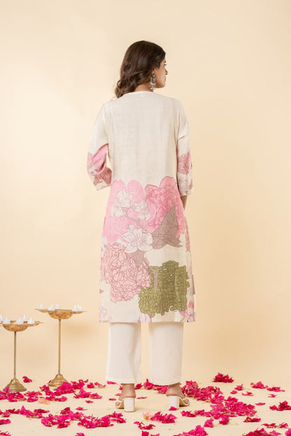 Pure Perli Silk Fabric Kurti Pant Dupatta Sets Embroidery work Digital Print.