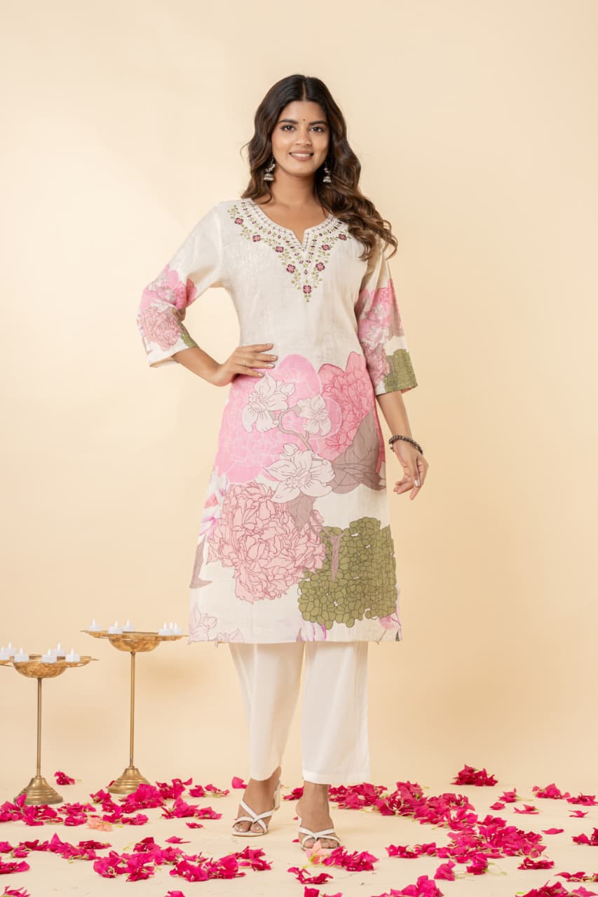 Pure Perli Silk Fabric Kurti Pant Dupatta Sets Embroidery work Digital Print.