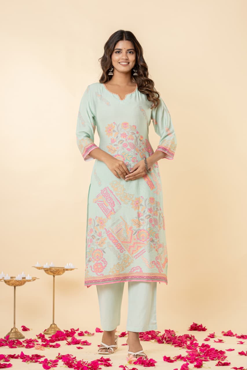 Pure Linen Slub Fabric Kurti Pant Dupatta Sets Digital Print Hand Work.