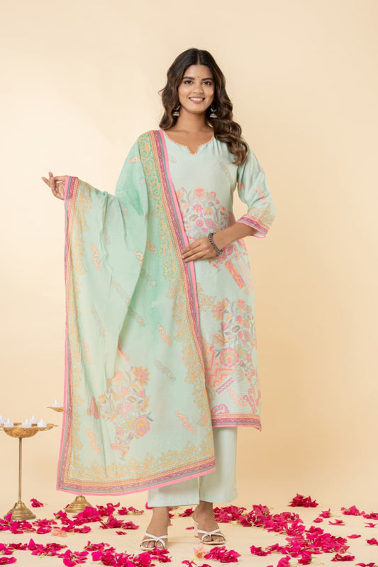 Pure Linen Slub Fabric Kurti Pant Dupatta Sets Digital Print Hand Work.