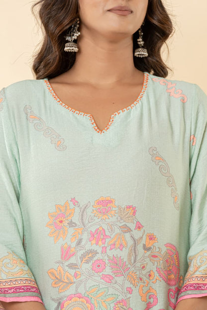 Pure Linen Slub Fabric Kurti Pant Dupatta Sets Digital Print Hand Work.