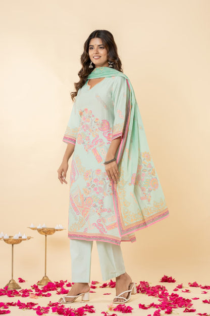 Pure Linen Slub Fabric Kurti Pant Dupatta Sets Digital Print Hand Work.