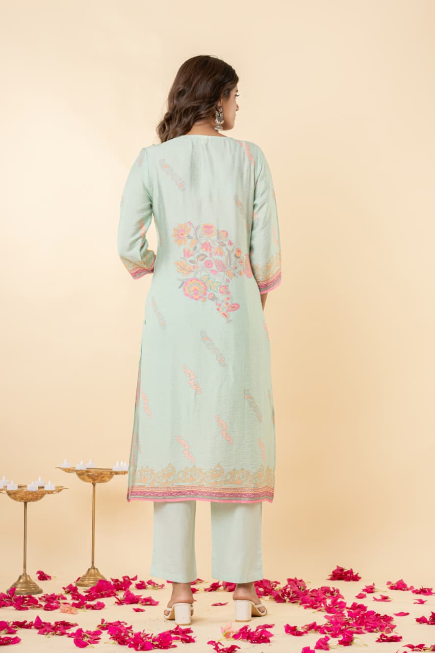 Pure Linen Slub Fabric Kurti Pant Dupatta Sets Digital Print Hand Work.