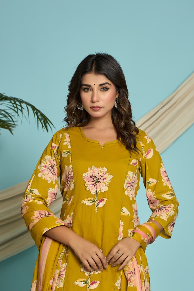 Pure Yellow Cotton Kurti, Applic Embroidery work with Mirror & Fully Hand Work.