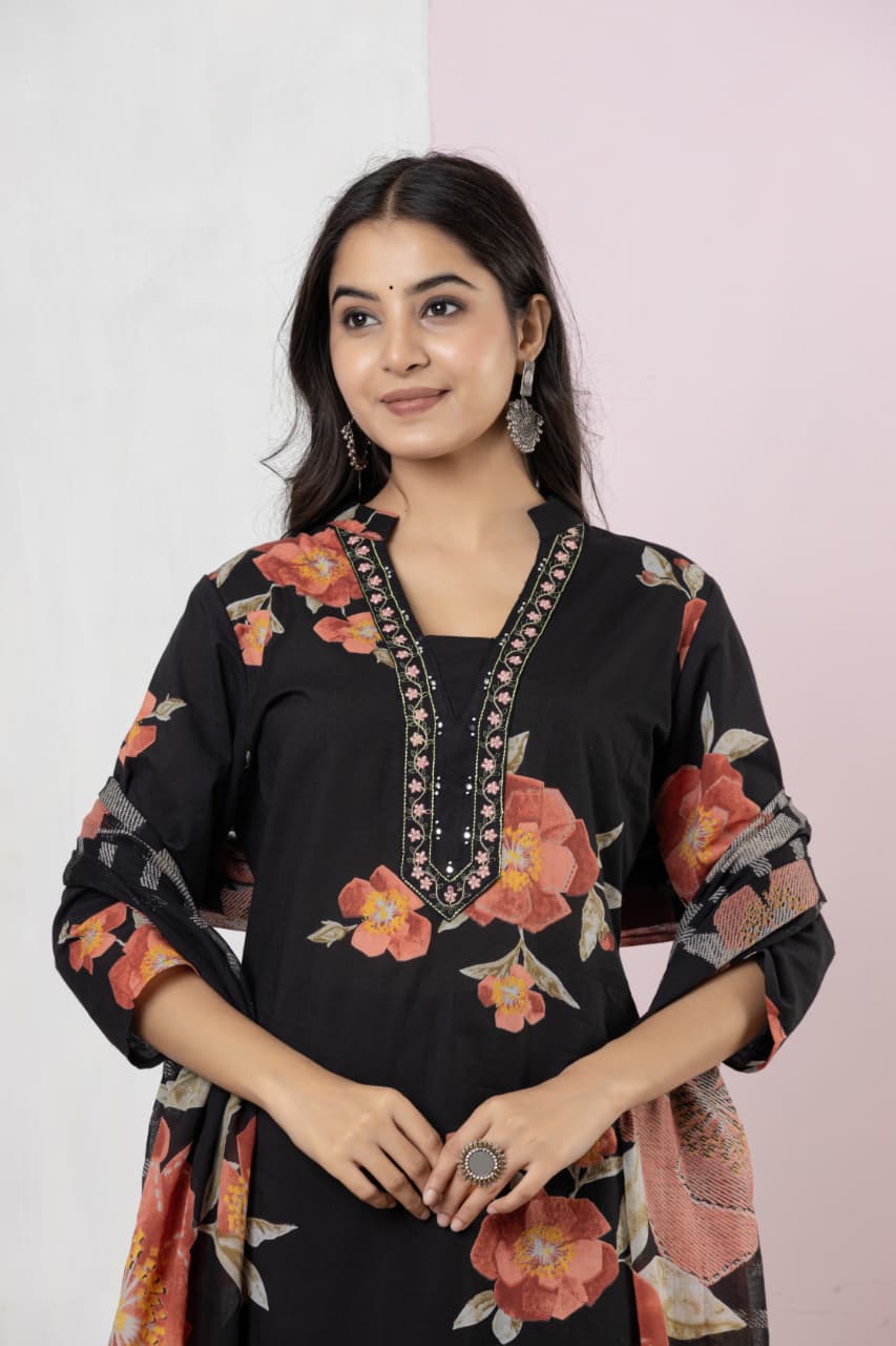 Pure Cotton Fabric Discharge Print Embroidery Work, 3 Pc Set