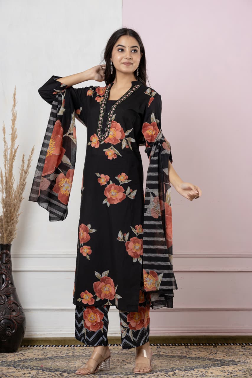 Pure Cotton Fabric Discharge Print Embroidery Work, 3 Pc Set