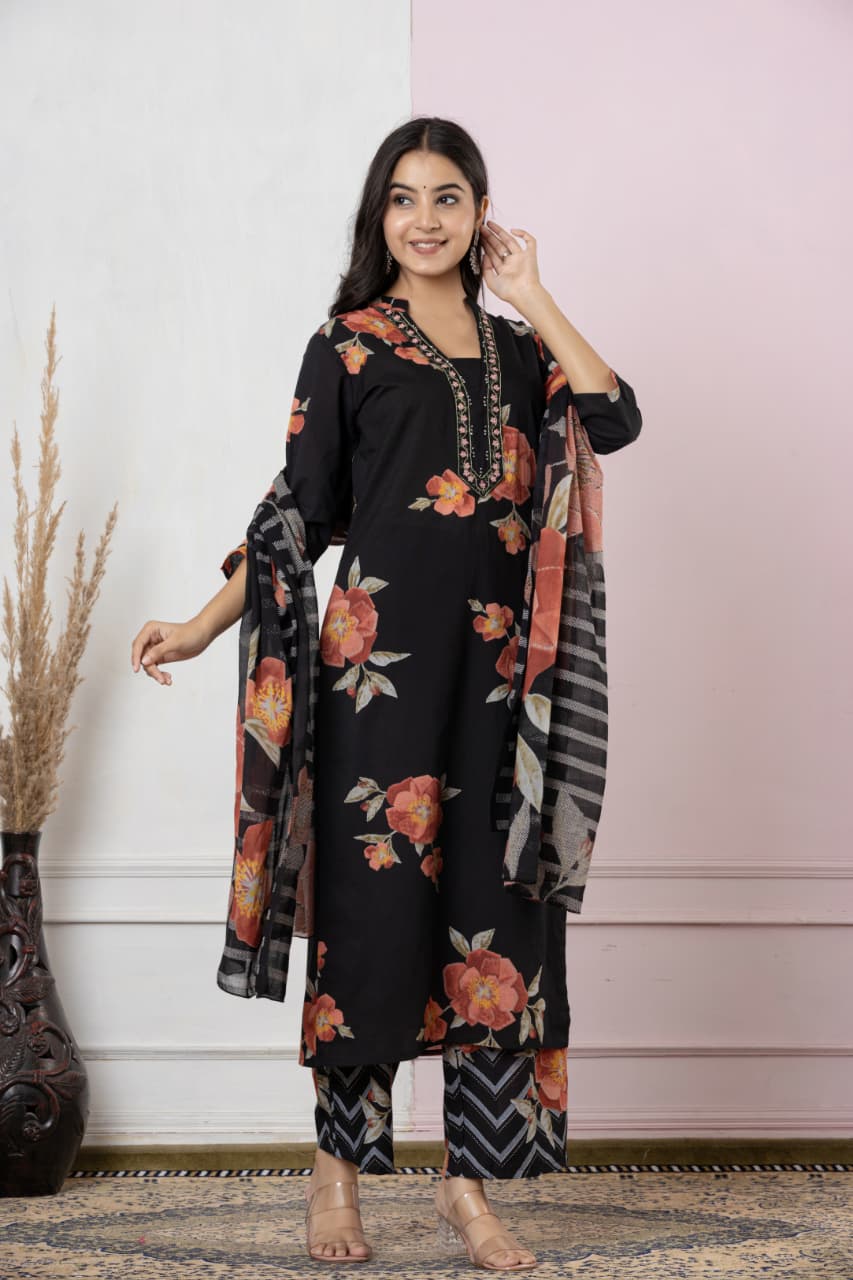 Pure Cotton Fabric Discharge Print Embroidery Work, 3 Pc Set