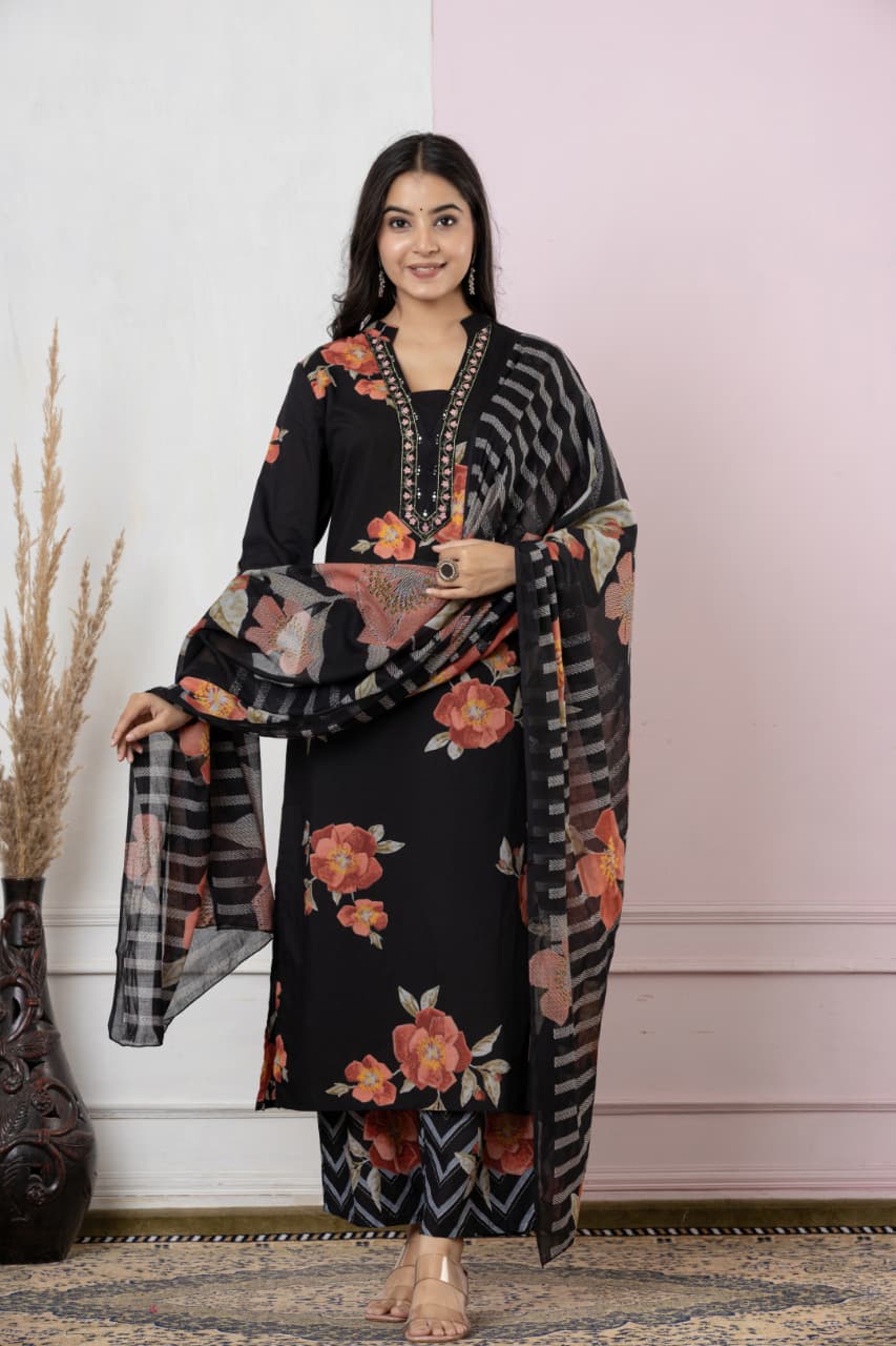 Pure Cotton Fabric Discharge Print Embroidery Work, 3 Pc Set