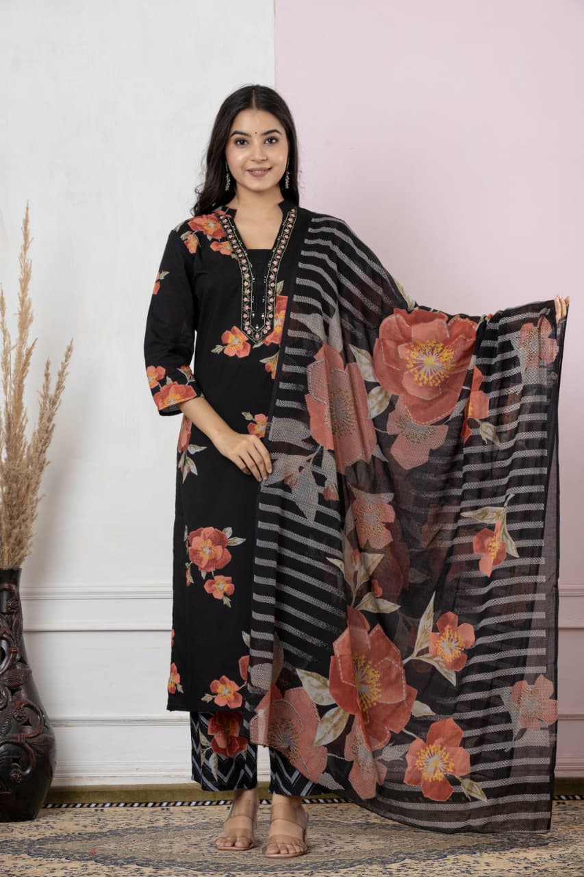 Pure Cotton Fabric Discharge Print Embroidery Work, 3 Pc Set