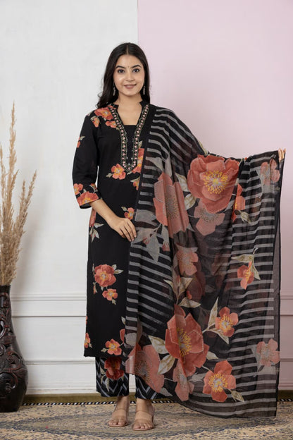 Pure Cotton Fabric Discharge Print Embroidery Work, 3 Pc Set