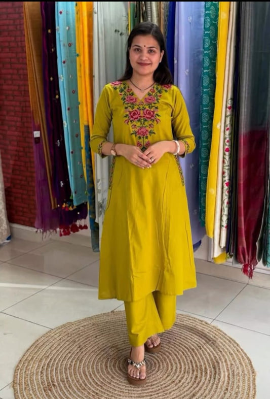 Fine Cotton fabric Coordinate set with Fully Embroidery on Yoke and Sleeves, 2 Pc. Sets