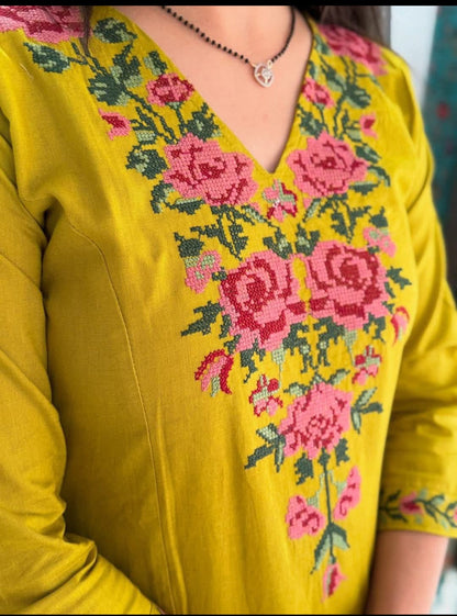 Fine Cotton fabric Coordinate set with Fully Embroidery on Yoke and Sleeves, 2 Pc. Sets