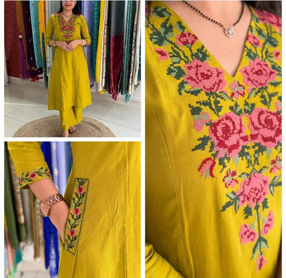 Fine Cotton fabric Coordinate set with Fully Embroidery on Yoke and Sleeves, 2 Pc. Sets