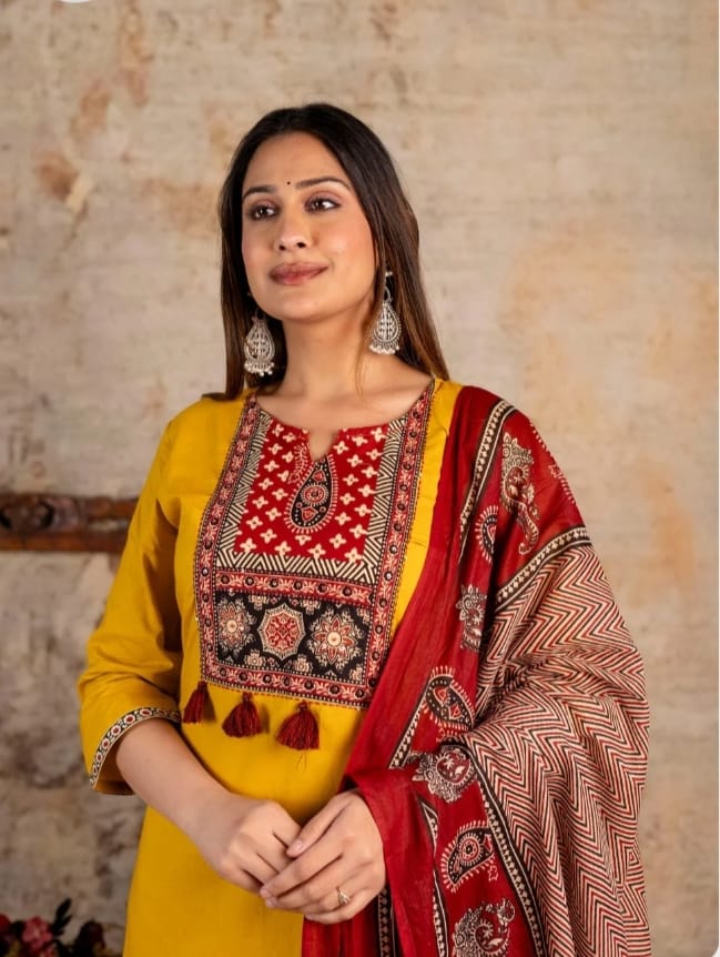 Women Ajrakha Embroidered Kurta set with Dupatta Set.