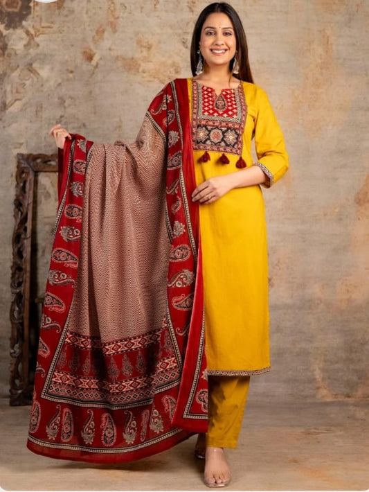 Women Ajrakha Embroidered Kurta set with Dupatta Set.