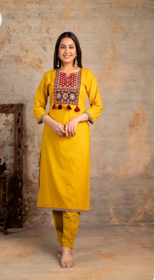 Women Ajrakha Embroidered Kurta set with Dupatta Set.