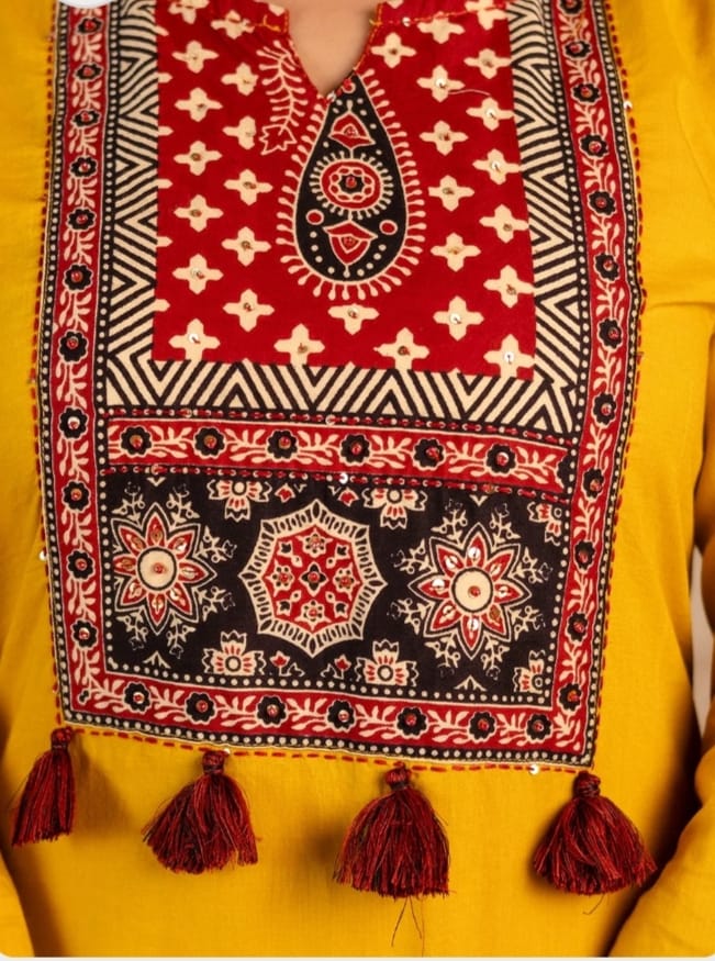 Women Ajrakha Embroidered Kurta set with Dupatta Set.