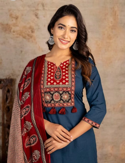 Women Ajrakha Embroidered Kurta set with Dupatta 3 Pc. Set.