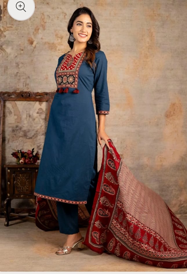 Women Ajrakha Embroidered Kurta set with Dupatta 3 Pc. Set.