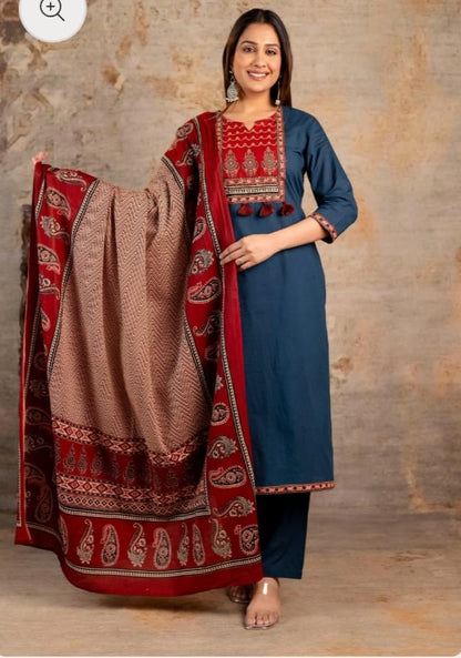 Women Ajrakha Embroidered Kurta set with Dupatta 3 Pc. Set.