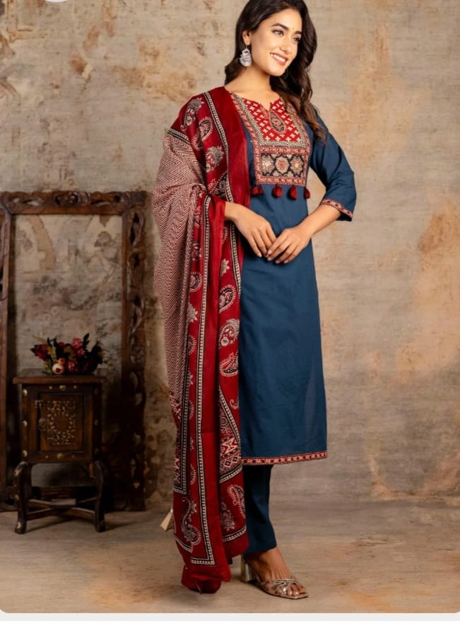 Women Ajrakha Embroidered Kurta set with Dupatta 3 Pc. Set.