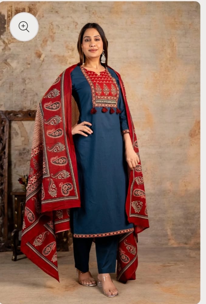 Women Ajrakha Embroidered Kurta set with Dupatta 3 Pc. Set.