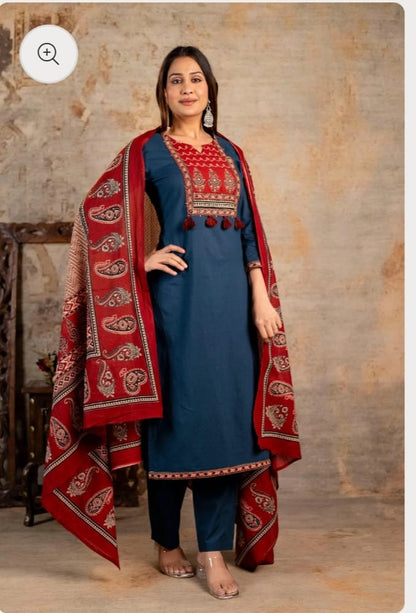 Women Ajrakha Embroidered Kurta set with Dupatta 3 Pc. Set.