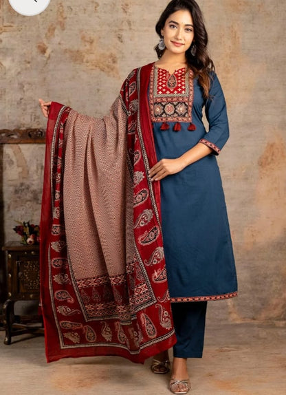 Women Ajrakha Embroidered Kurta set with Dupatta 3 Pc. Set.