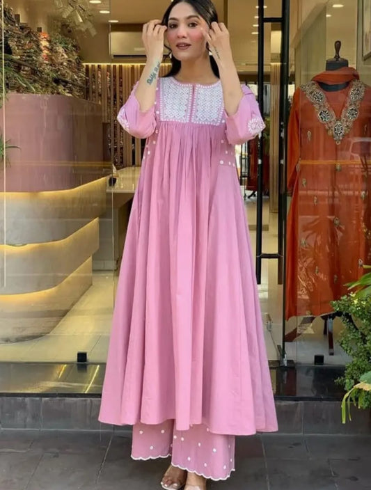 Women's Pink Cotton Kurta Pant Set | Intricate Thread Embroidery & Cutwork Details |