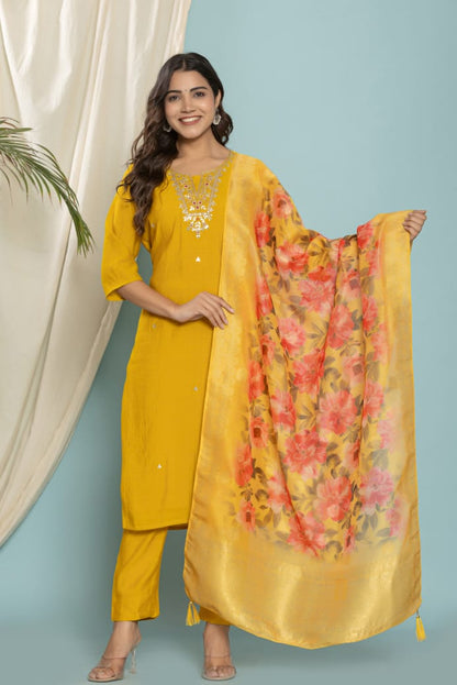 Matka Silk Fabric Lining Attached Heavy Hand Adda Work. 3 Pc Set