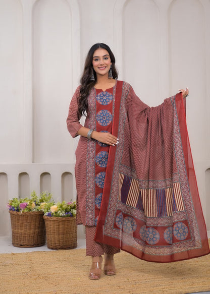 Pure Cotton Fabric 3 Pc Suit with Hand Adda Work in Front.