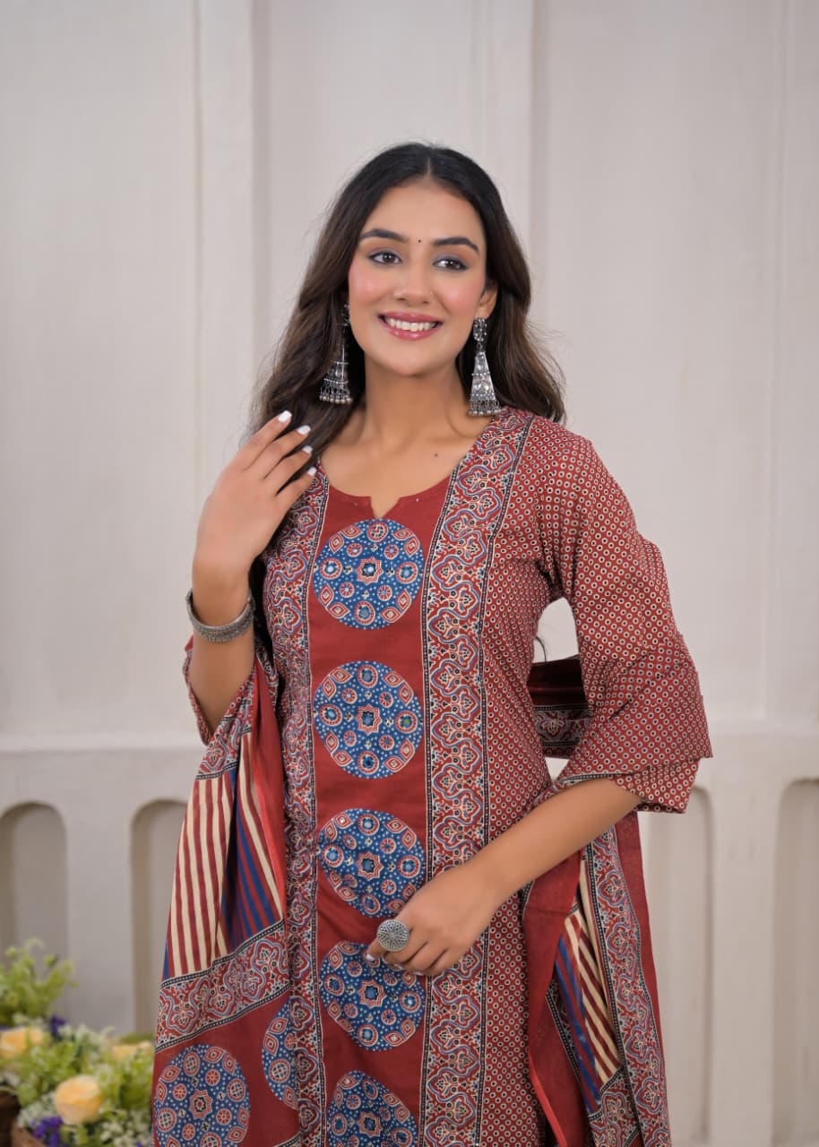 Pure Cotton Fabric 3 Pc Suit with Hand Adda Work in Front.