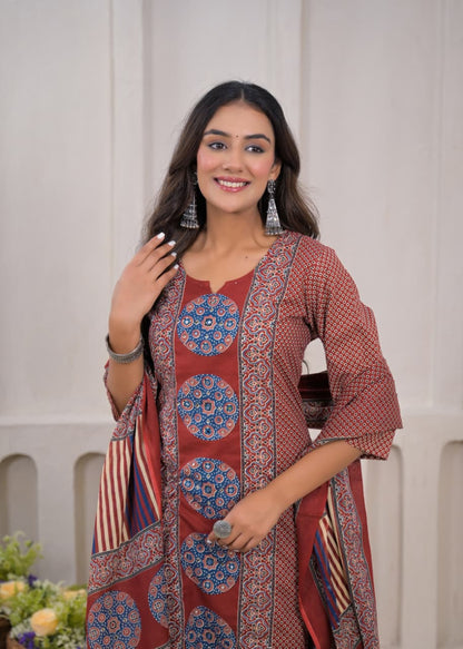 Pure Cotton Fabric 3 Pc Suit with Hand Adda Work in Front.