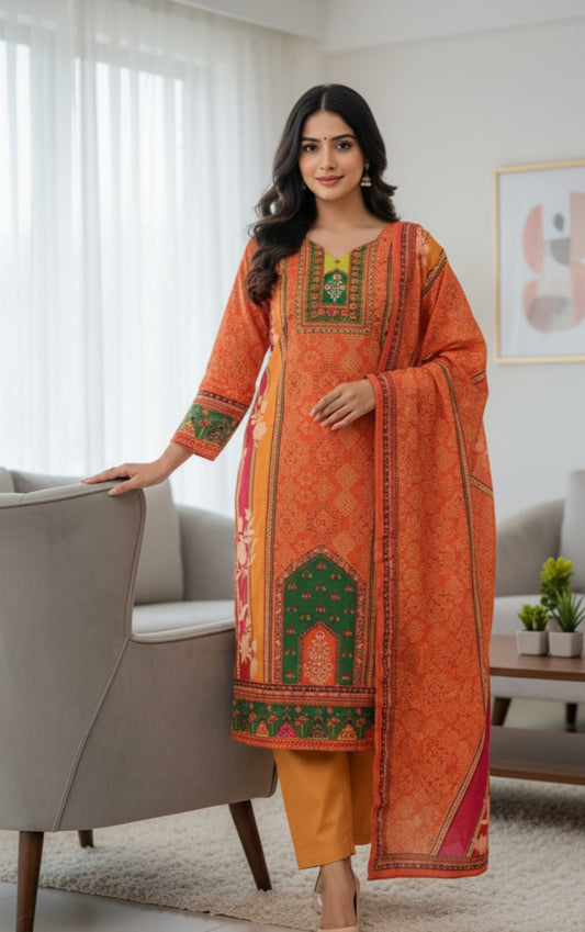 Fashion Collection Chinon Silk Fabric Kurta Style Suit, 3 Pc Set.