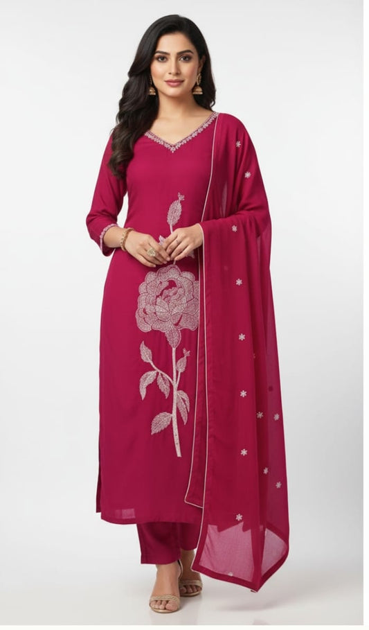 Premium Cotton Suits with Detailing works, Embroidery work detail on yoke, 3 Pc. Set