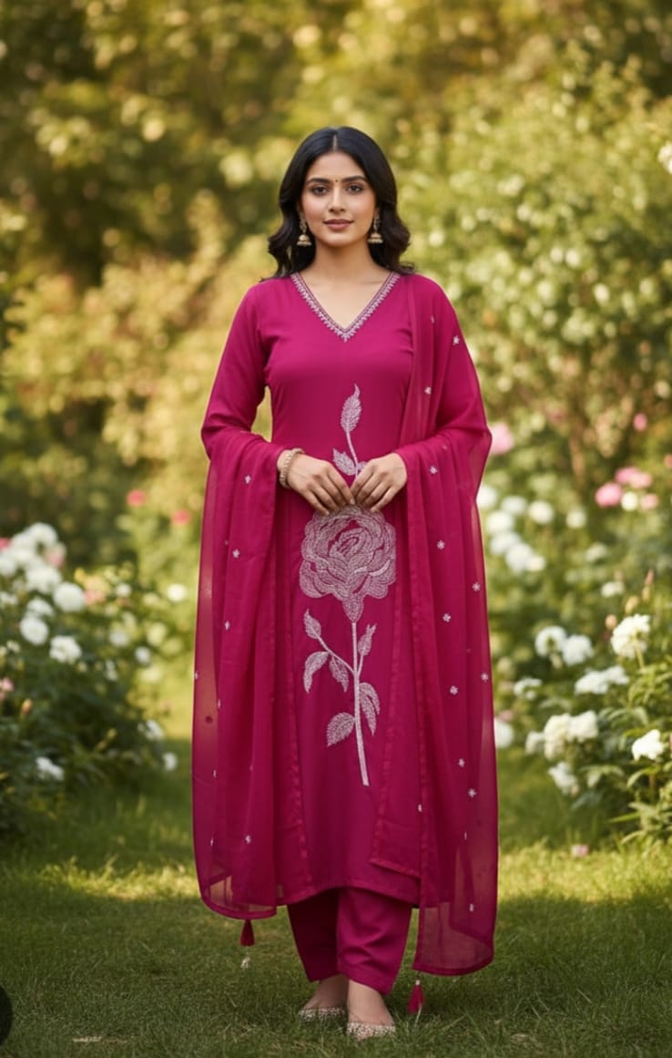 Premium Cotton Suits with Detailing works, Embroidery work detail on yoke, 3 Pc. Set